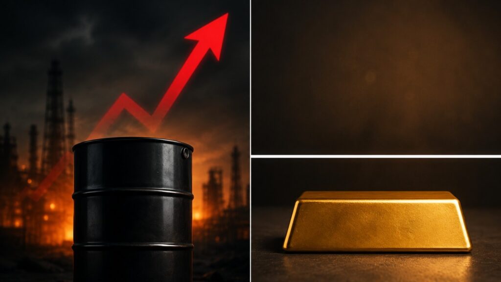 Gold price oil divergence — oil barrel with red upward arrow against a burning refinery backdrop on the left, a gold bar resting still on the right, illustrating why oil and gold respond to different kinds of inflation
