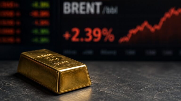 Gold bar in foreground with Brent crude oil price board showing +2.39% gain in background — gold price oil spike 2026