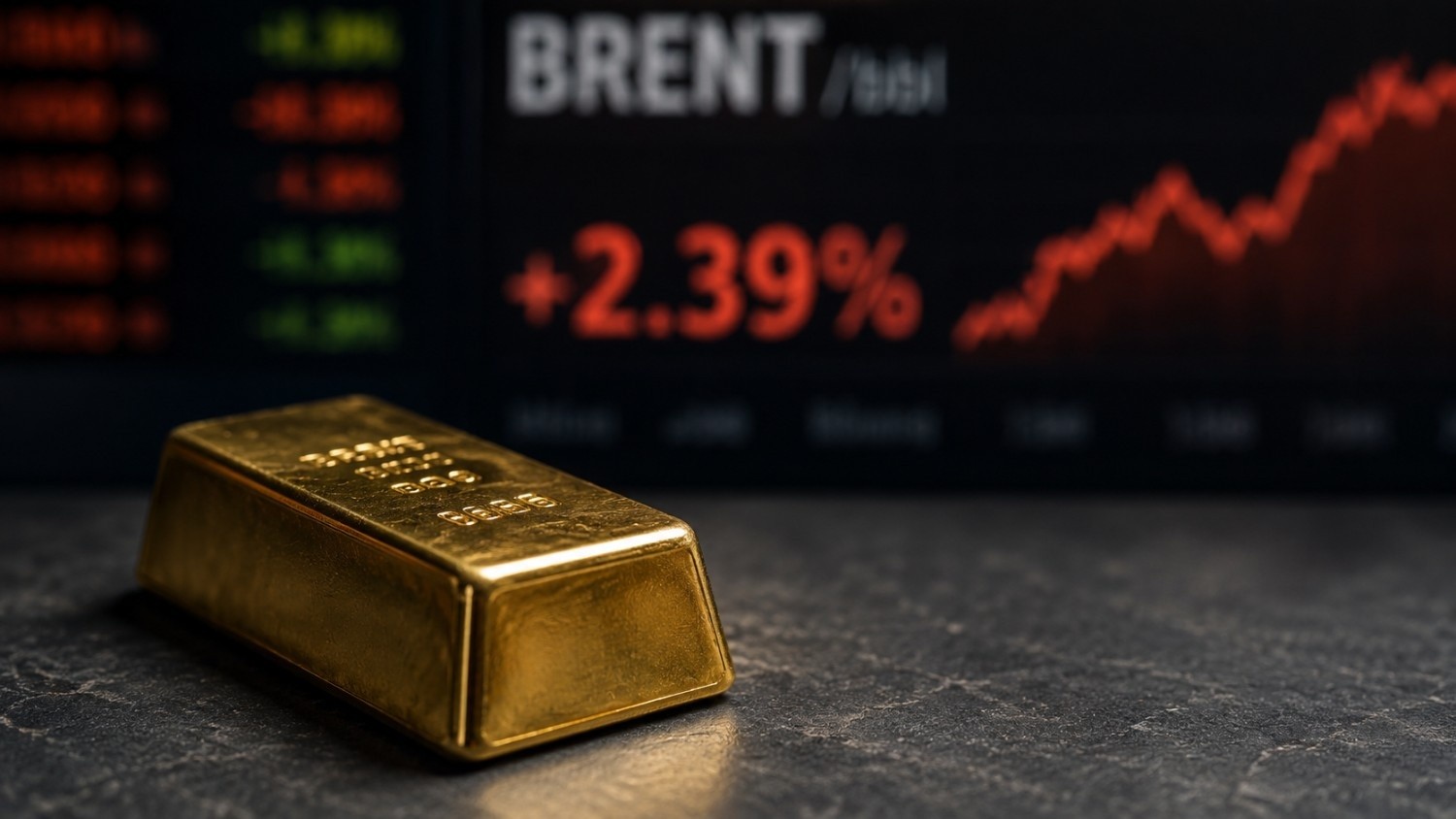 Gold bar in foreground with Brent crude oil price board showing +2.39% gain in background — gold price oil spike 2026