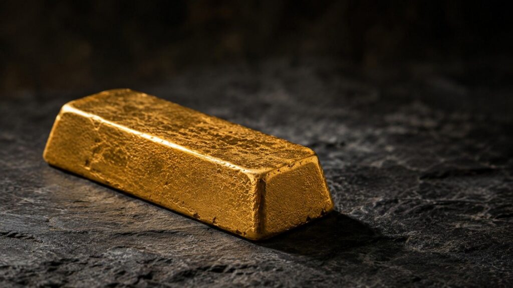 Gold bullion bar resting on dark stone surface, gold price outlook July 2026
