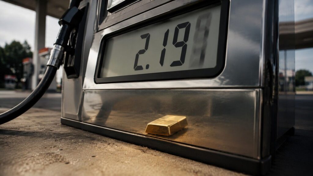 Gold price decline illustrated by a gas pump display showing $2.19 per gallon with a small gold bar resting at the base of the pump, representing falling retail sales gasoline data and its impact on gold prices in July 2026