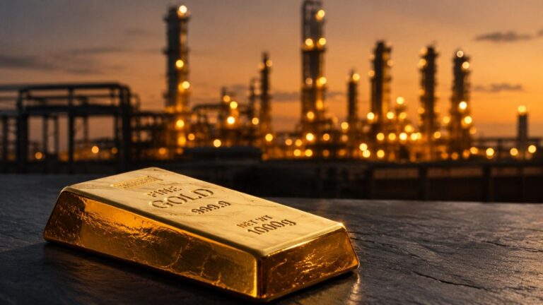 Gold bar resting on dark slate surface with oil refinery infrastructure at dusk, illustrating the gold price today Iran war oil spike mechanism