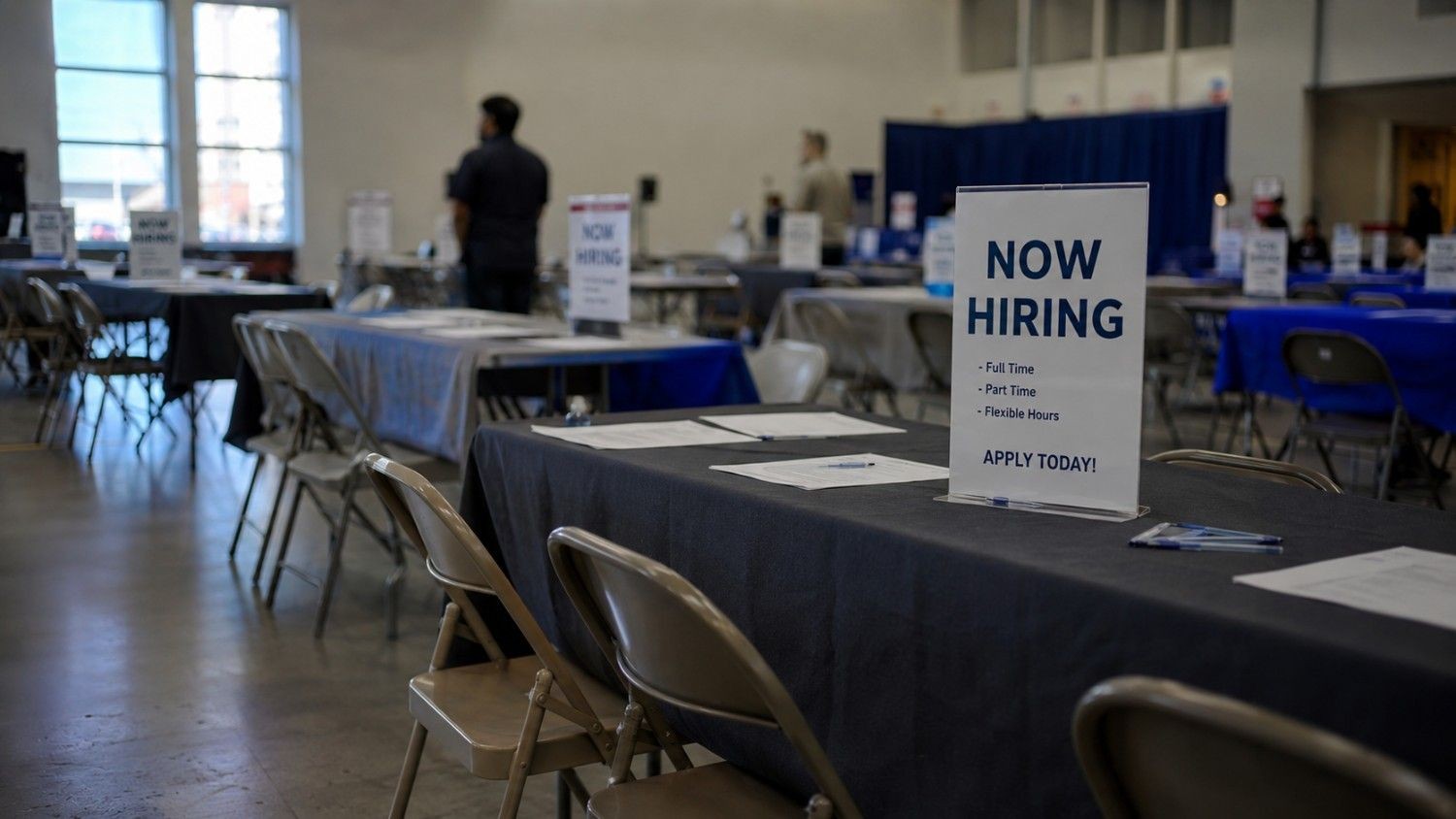 Empty job fair with a Now Hiring sign, illustrating the gold price unemployment rate story: fewer people searching for work drove June's unemployment rate lower, not stronger hiring.