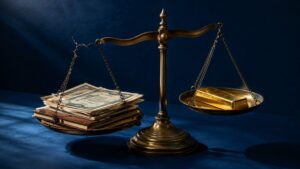 Gold risk reward portfolio: balance scale with cracked chain holding financial documents outweighed by a single gold bar on a navy background