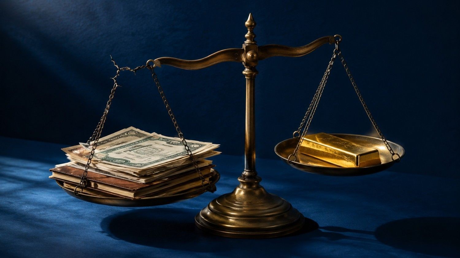 Gold risk reward portfolio: balance scale with cracked chain holding financial documents outweighed by a single gold bar on a navy background