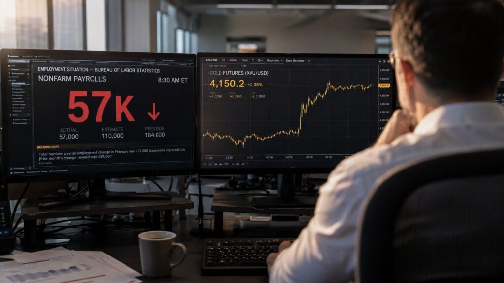 Trader watches a 57K NFP miss on a BLS screen as gold futures rise 2.35%, showing the gold silver jobs report in action