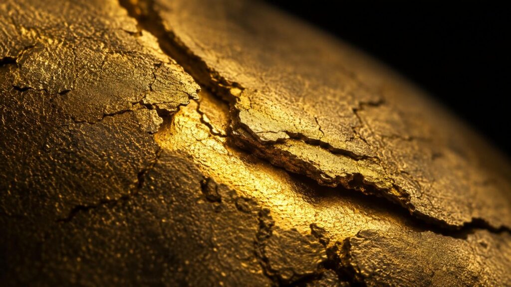 Gold surface with deep cracks revealing luminous gold beneath — gold silver market correction 2026
