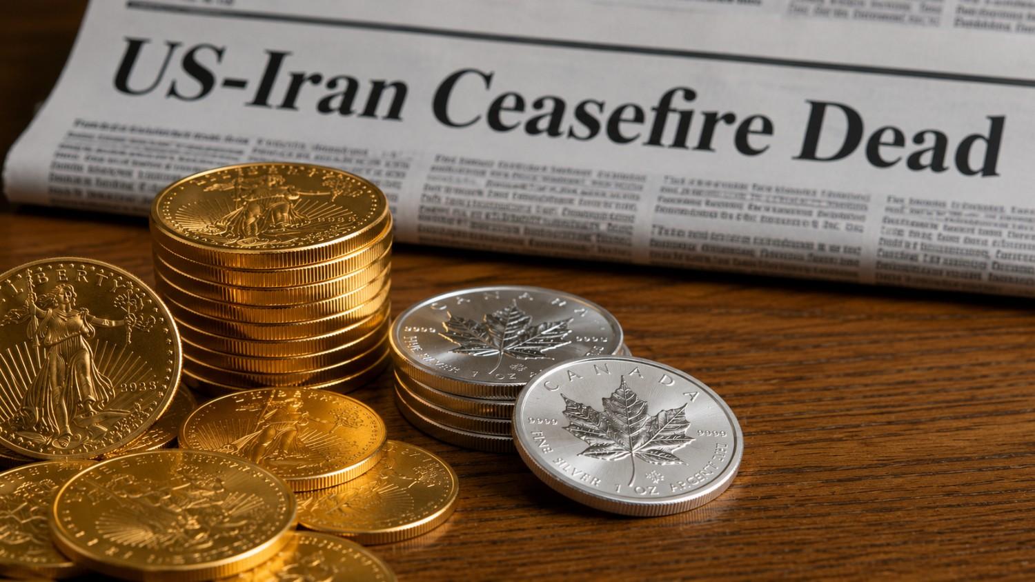 Gold and silver coins beside a newspaper headline as the US-Iran ceasefire collapse moves gold silver prices July 8 2026