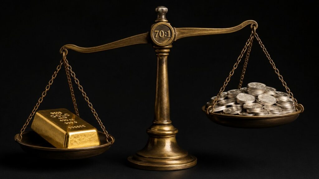 Gold bar and silver coins on a brass balance scale showing the gold-silver ratio at 70:1 in July 2026, with gold weighing heavier despite fewer pieces