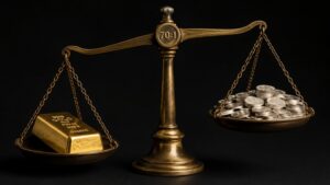 Gold bar and silver coins on a brass balance scale showing the gold-silver ratio at 70:1 in July 2026, with gold weighing heavier despite fewer pieces