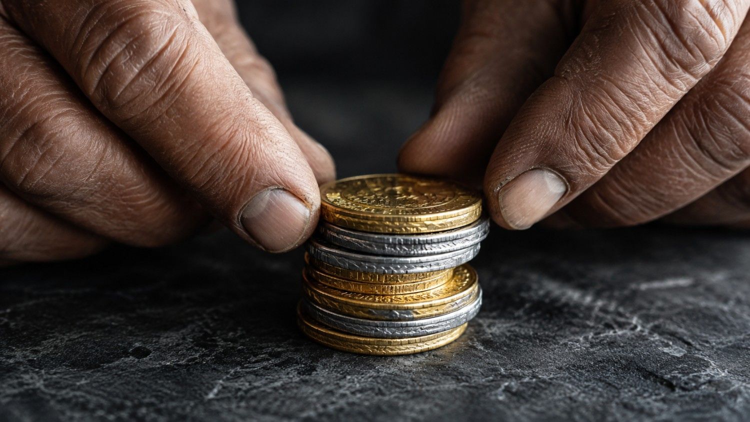 Weathered hands stacking alternating gold and silver coins on a dark slate surface — a physical precious metals stacking guide for the market dip