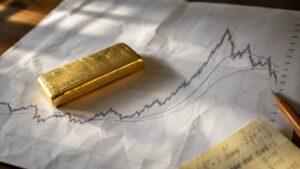 Gold bar resting on a printed gold technical analysis chart showing candlestick price action and moving average lines
