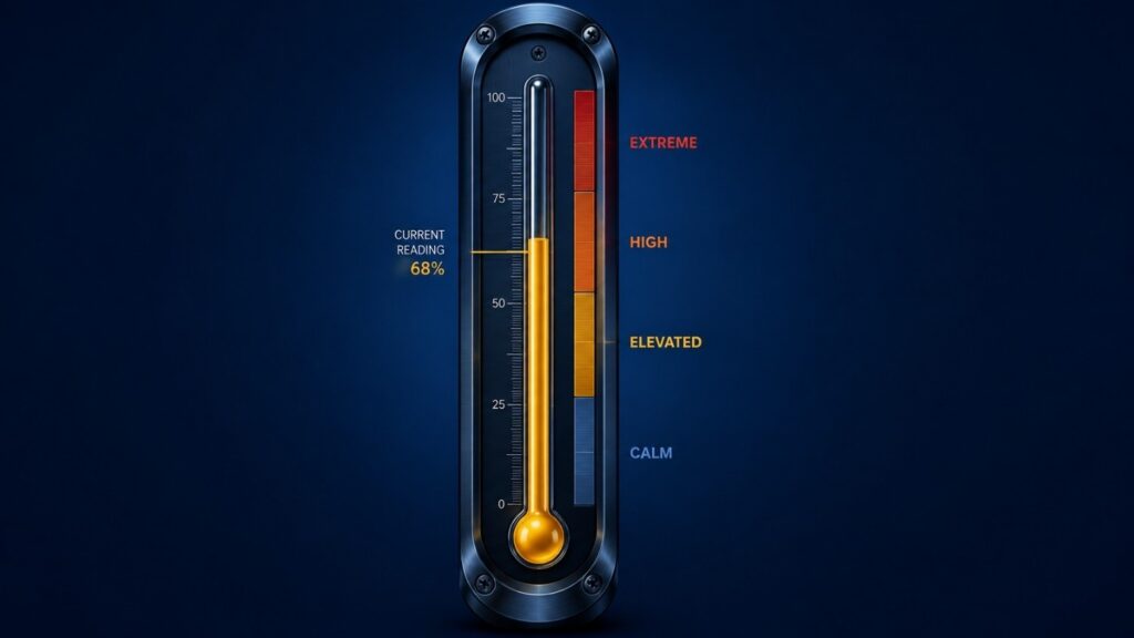 Gold volatility index (GVZ) thermometer showing four market regimes: Calm, Elevated, High, and Extreme, with current reading at 68%