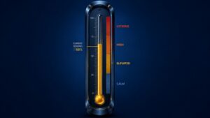 Gold volatility index (GVZ) thermometer showing four market regimes: Calm, Elevated, High, and Extreme, with current reading at 68%