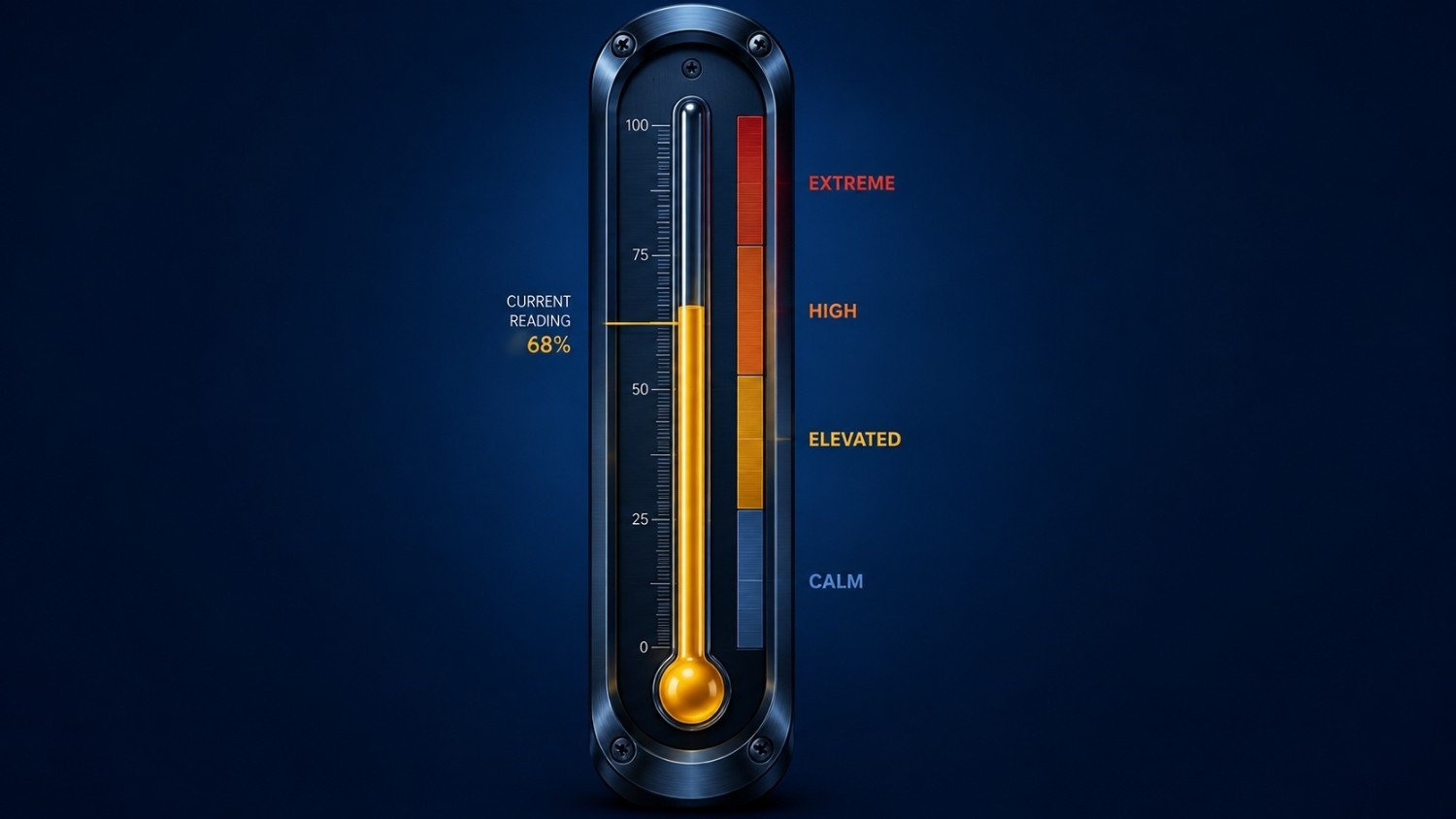 Gold volatility index (GVZ) thermometer showing four market regimes: Calm, Elevated, High, and Extreme, with current reading at 68%