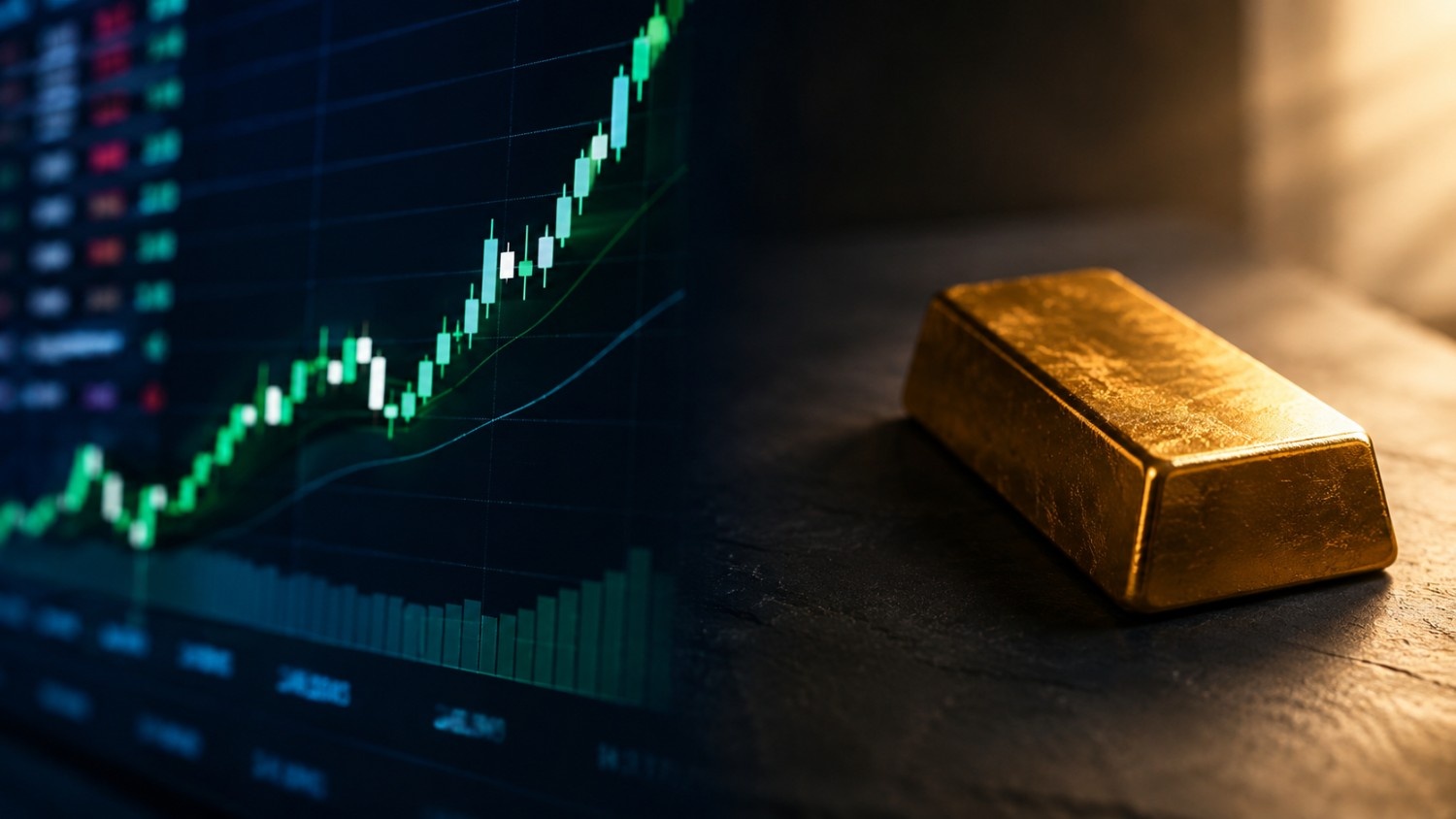 Gold bullion bar resting on a dark surface beside a sharply rising green candlestick chart, illustrating the gold vs S&P 500 2026 performance gap as equity speculation reaches its most extreme level since 1999 to 2000.