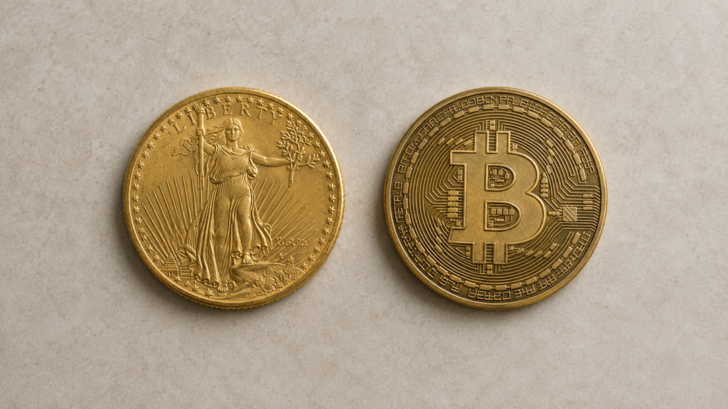 A gold coin and a Bitcoin novelty coin placed side by side, representing the structural differences in the gold vs Bitcoin comparison.