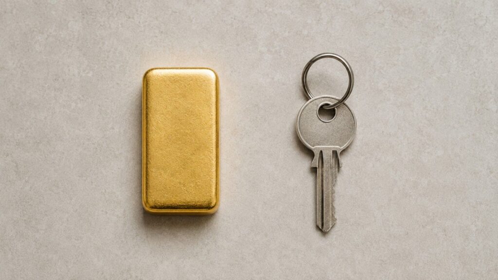 A gold bar and a house key placed side by side, illustrating the gold vs real estate comparison as two distinct approaches to wealth protection.