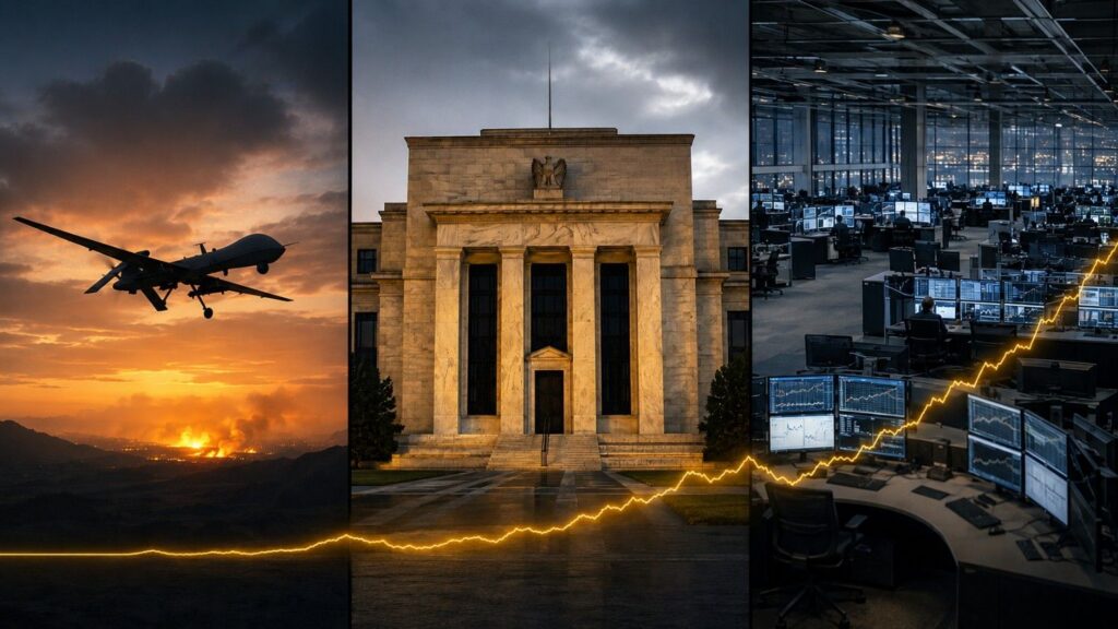 Gold price today: triptych showing a military drone at sunset over distant fires, the Federal Reserve building at dusk, and an active trading floor with a rising gold price line threading across all three panels