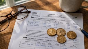 Gold coins resting on a completed IRS Schedule D capital gains form, illustrating how is gold taxed when you sell it