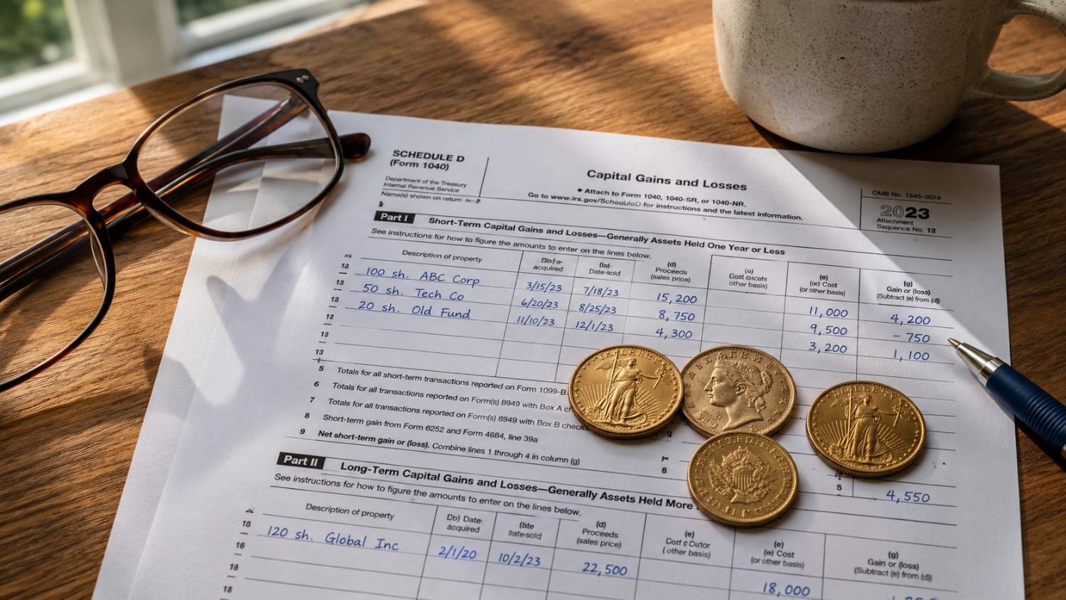 Gold coins resting on a completed IRS Schedule D capital gains form, illustrating how is gold taxed when you sell it