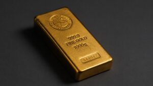 A Perth Mint 1000g fine gold bar stamped 999.9 purity with serial number A44947 — the kind of specific, identifiable bar that allocated gold storage assigns to your account.