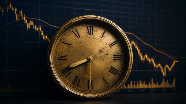 Antique gold clock against a dark navy candlestick chart showing a declining gold price trend — June PCE gold price preview
