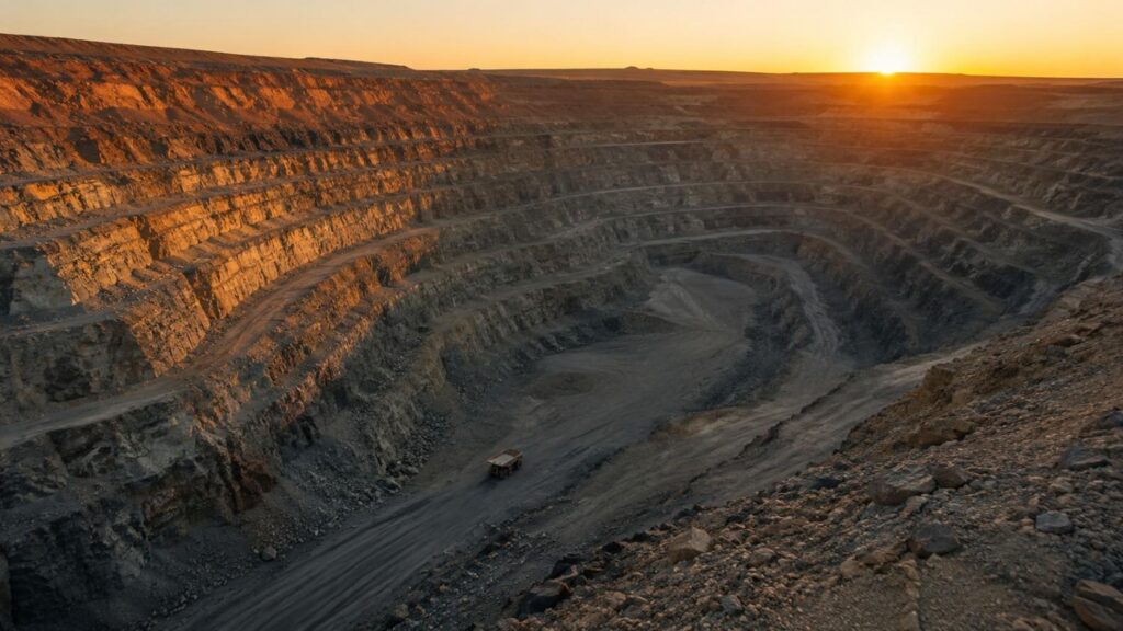 Aerial view of a vast open-pit gold mine at sunset, its terraced walls dwarfing a lone haul truck, illustrating the peak gold mine supply constraint despite record demand.