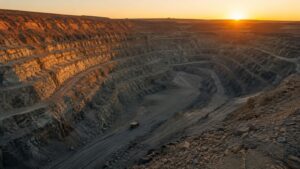 Aerial view of a vast open-pit gold mine at sunset, its terraced walls dwarfing a lone haul truck, illustrating the peak gold mine supply constraint despite record demand.