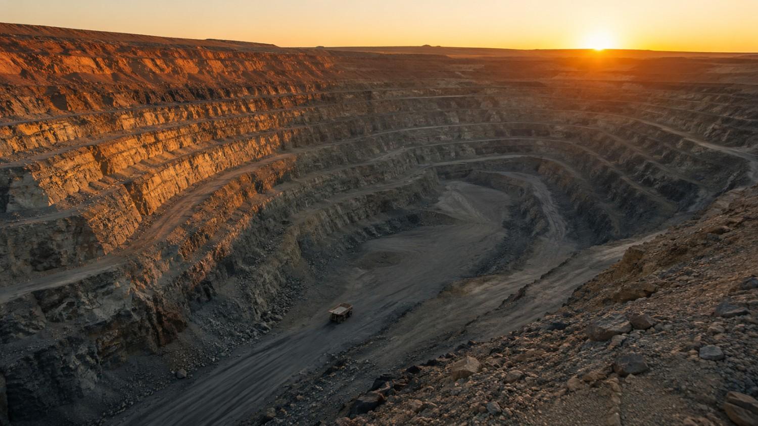Aerial view of a vast open-pit gold mine at sunset, its terraced walls dwarfing a lone haul truck, illustrating the peak gold mine supply constraint despite record demand.