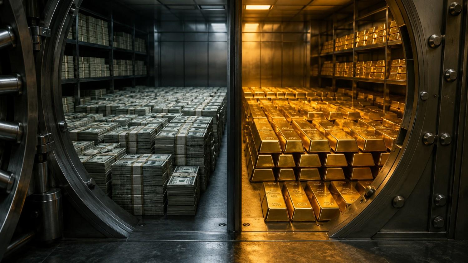 Petrodollar system explained: two bank vault doors open side by side — one filled with stacked US dollar bills, one stacked floor to ceiling with gold bars — illustrating the global reserve shift from dollars to gold