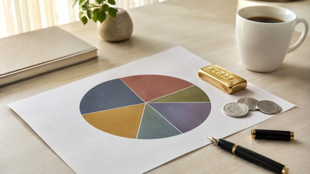 A printed portfolio allocation chart on a desk beside a gold bar and silver coins, representing a precious metals portfolio diversification strategy.