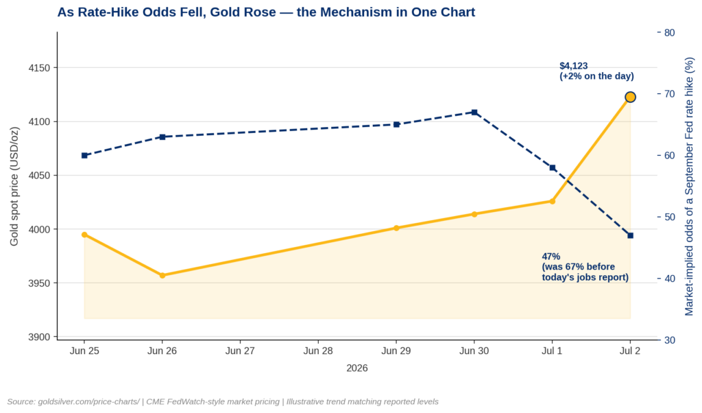 Line chart showing the gold price unemployment rate mechanism: gold rising from about $4,000 to $4,123 as CME FedWatch odds of a September Fed rate hike fall from 67% to 47%, June 25 to July 2, 2026.