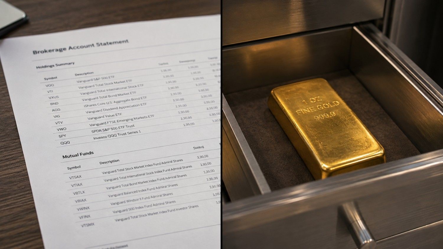Self-directed IRA for precious metals: brokerage account statement alongside a 1oz gold bar in a vault drawer