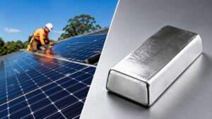 Solar panel installer on a rooftop beside a silver bullion bar — illustrating the silver gold price ratio today and silver's dual role as both an industrial metal used in solar panels and a monetary store of value