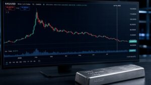 Silver price outlook July 2026 — XAG/USD daily chart showing silver's spike to $121 in January 2026 and correction to $58.99, with a physical silver bar in the foreground.