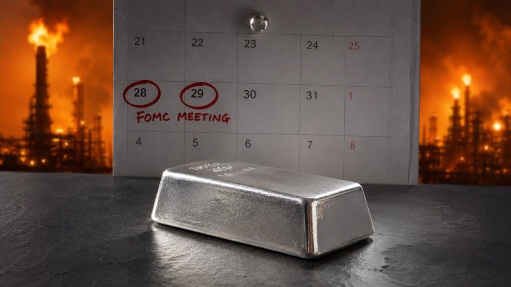 Silver bar resting on a dark slate surface in front of a calendar with July 28 and 29 circled in red marked FOMC Meeting, with oil refinery flames visible in the background — silver price today rising despite oil surge as FOMC hold probability shields the metal from inflation pressure.