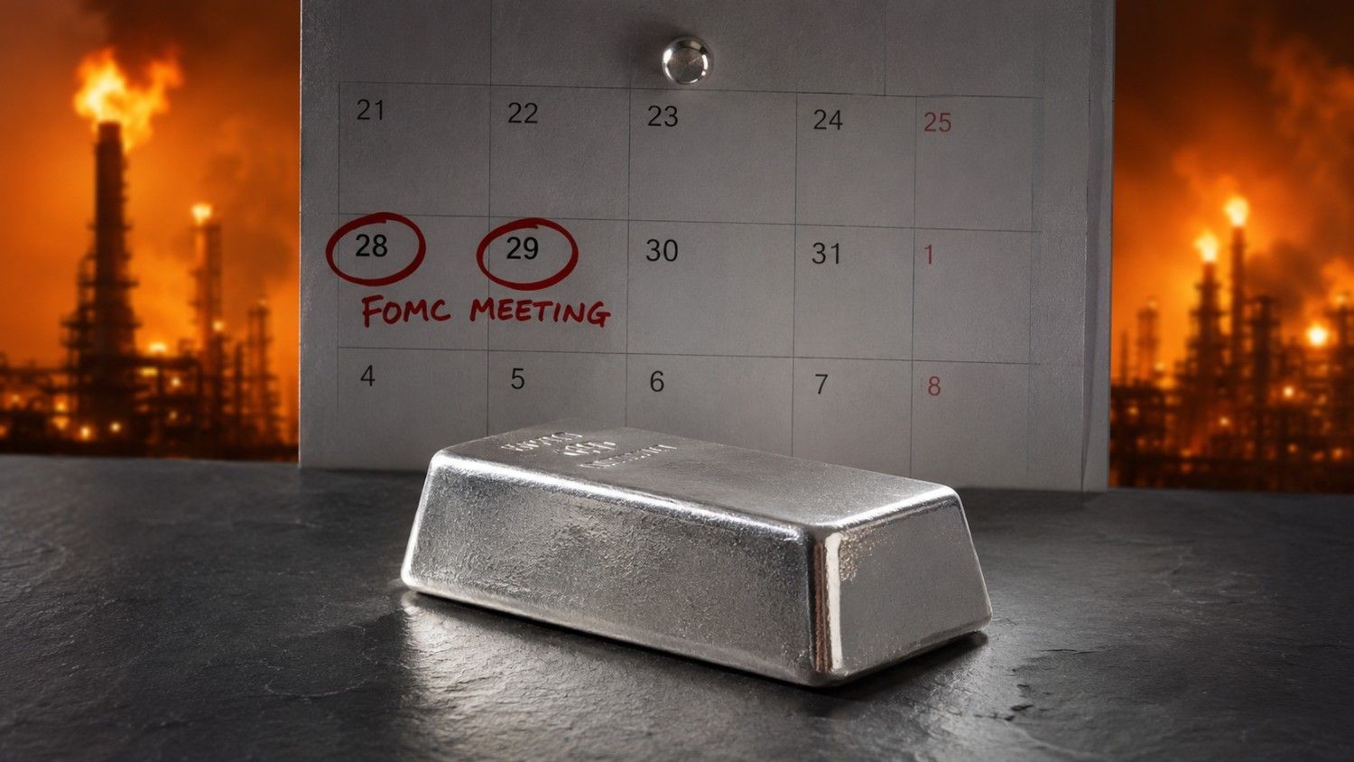Silver bar resting on a dark slate surface in front of a calendar with July 28 and 29 circled in red marked FOMC Meeting, with oil refinery flames visible in the background — silver price today rising despite oil surge as FOMC hold probability shields the metal from inflation pressure.
