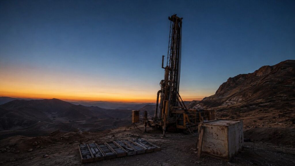 Silver supply problem: exploration drill rig and core sample trays on a high-altitude mining site at sunset, with mountain ranges stretching to the horizon