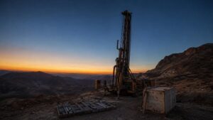 Silver supply problem: exploration drill rig and core sample trays on a high-altitude mining site at sunset, with mountain ranges stretching to the horizon