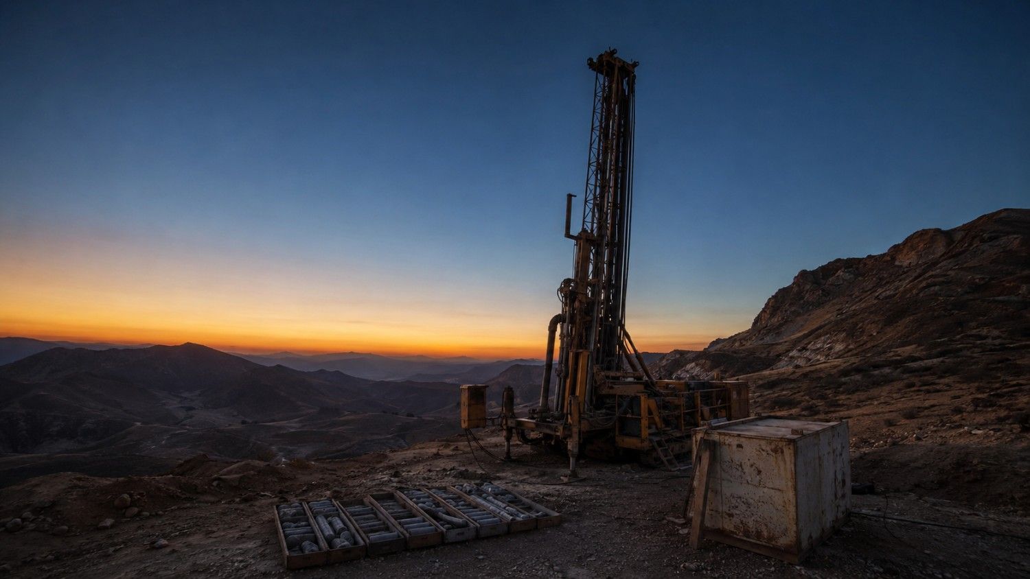Silver supply problem: exploration drill rig and core sample trays on a high-altitude mining site at sunset, with mountain ranges stretching to the horizon