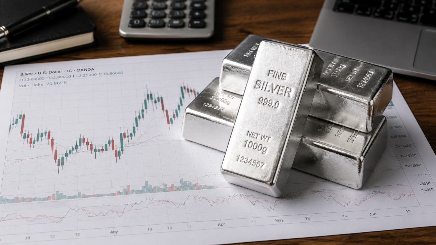 Silver bullion bars on a price chart, illustrating silver technical analysis for long-term investors