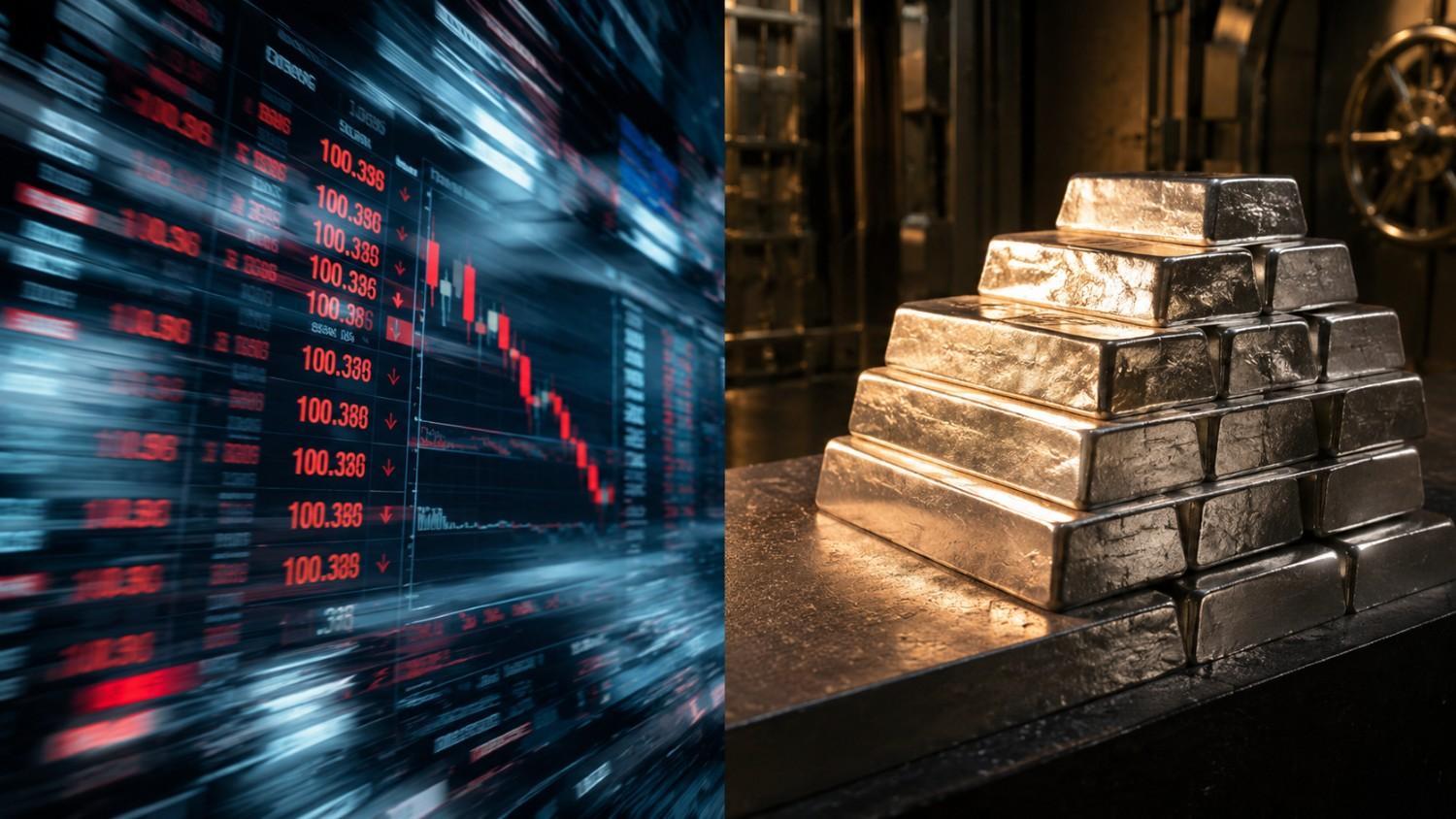 Silver price today: trading screen showing red candlestick chart and falling prices contrasted with physical silver bars stacked in a vault, illustrating the paper market selloff versus physical buyer demand on July 24 2026