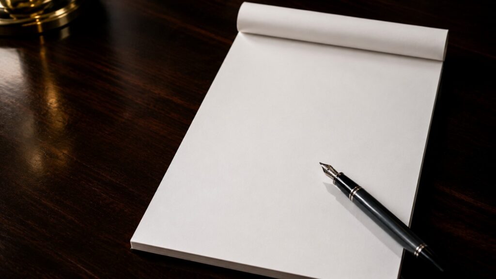 What the Fed hold means for gold and silver — a blank notepad and fountain pen on a dark wood desk, reflecting Fed Chair Warsh's uncommitted Jackson Hole speech