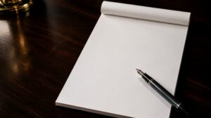 What the Fed hold means for gold and silver — a blank notepad and fountain pen on a dark wood desk, reflecting Fed Chair Warsh's uncommitted Jackson Hole speech