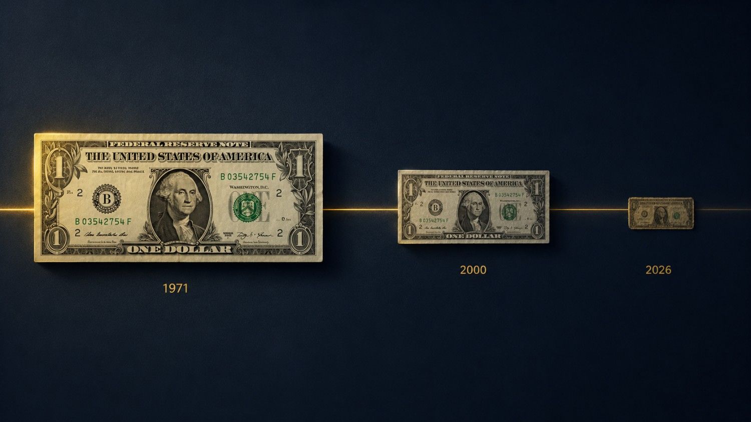 What is purchasing power: three US one-dollar bills shrinking in size across a timeline from 1971 to 2000 to 2026, illustrating the dollar's loss of purchasing power since Nixon ended the gold standard