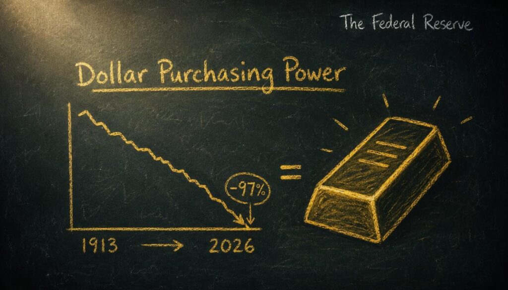 What is the Federal Reserve: chalkboard illustration showing dollar purchasing power declining 97% from 1913 to 2026, with a gold bar as the alternative store of value