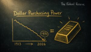 What is the Federal Reserve: chalkboard illustration showing dollar purchasing power declining 97% from 1913 to 2026, with a gold bar as the alternative store of value