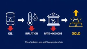 Infographic showing the oil-inflation-rate-gold transmission chain: why did gold rise when oil fell — falling oil lowers inflation, which reduces rate-hike odds, which lifts gold