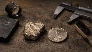 Raw gold nugget beside a finished gold coin on a refiner's workbench with calipers and a loupe, illustrating why gold and silver cost more than spot price through refining and minting costs.